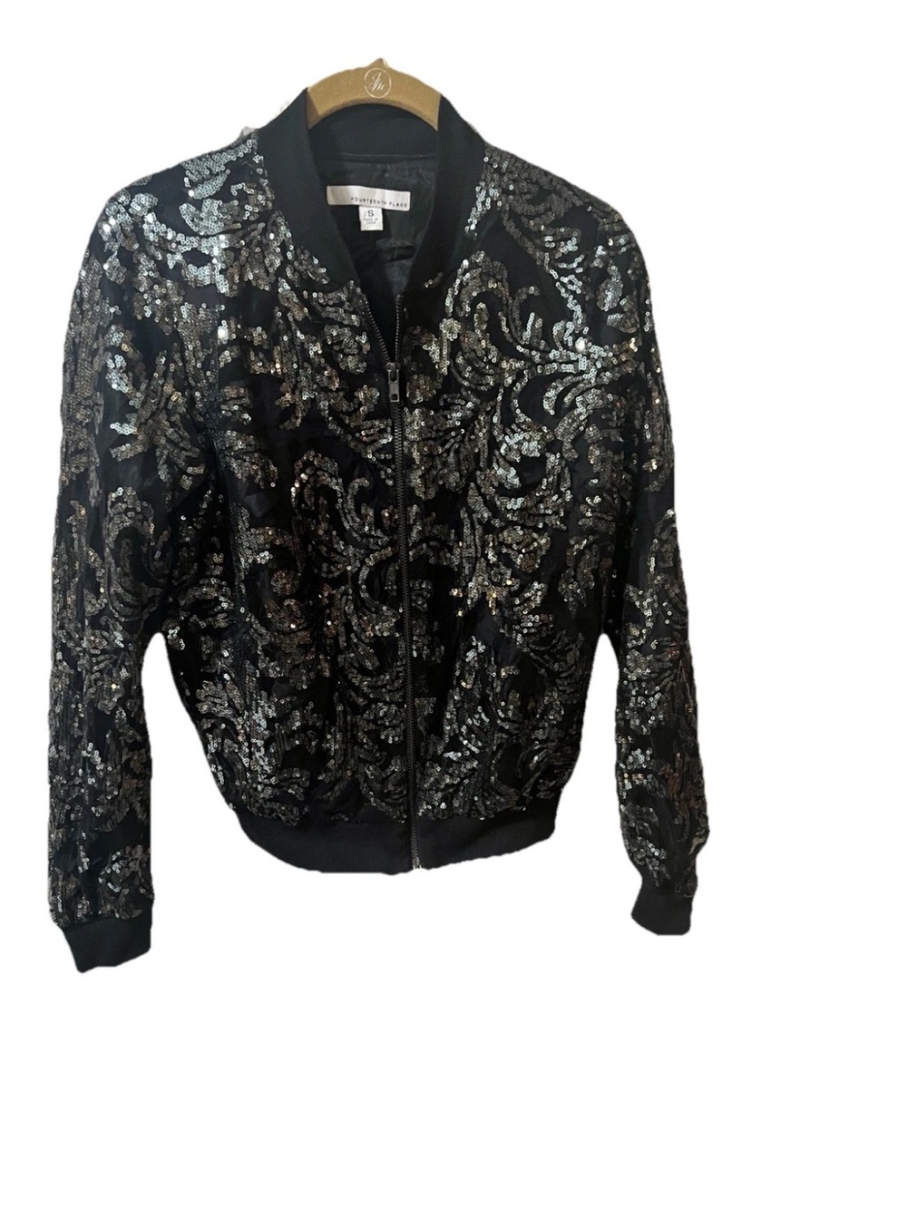 Fourteenth Place Black Sequin Embellished Floral Bomber Jacket SZ Small